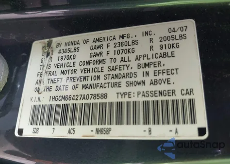 2007 Honda Accord 3.0 Se z USA, uszkodzony, nr VIN 1HGCM66427A078588